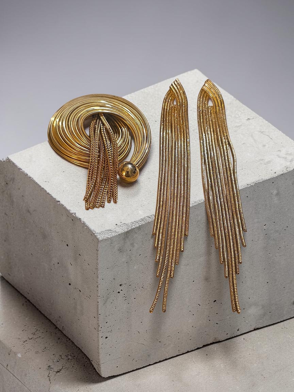 Gold Tone Fringe Statement Earrings and Brooch Set